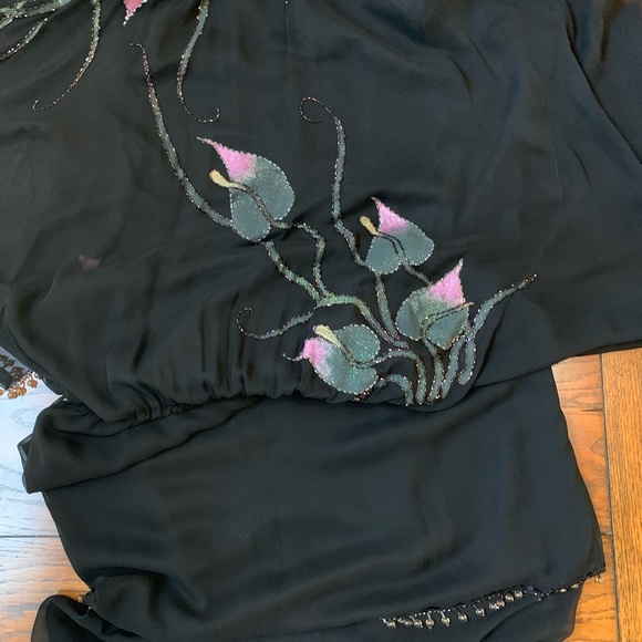 Vintage Oleg Cassini evening silk beaded painted rare dress gown batwing black - Picture 8 of 13